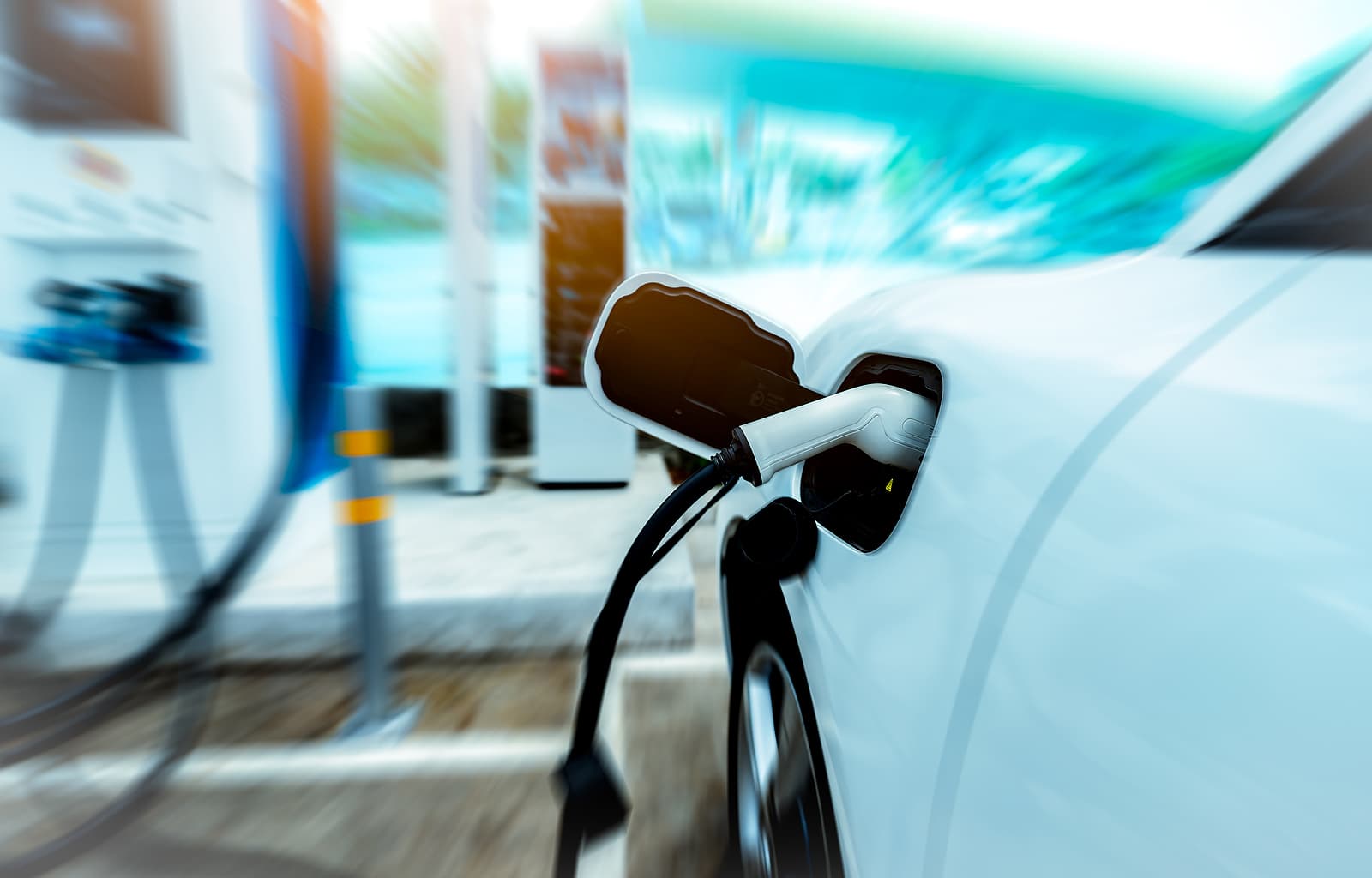 electrician course manchester - EV car charging at outdoor electric car charging station